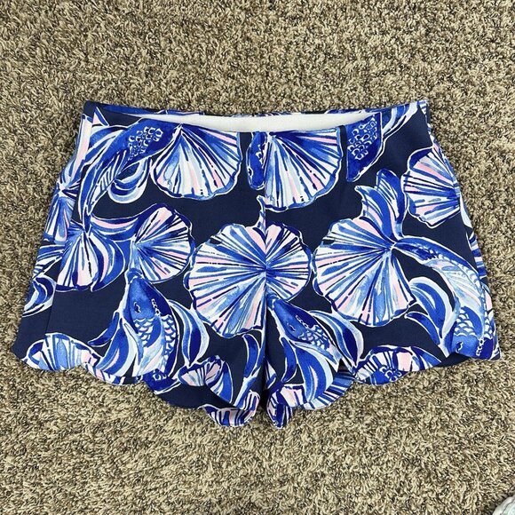 Lilly Pulitzer Adelia Scuba Shorts Blue Pink Swim Water Stretch Scallop Size S - Picture 2 of 10